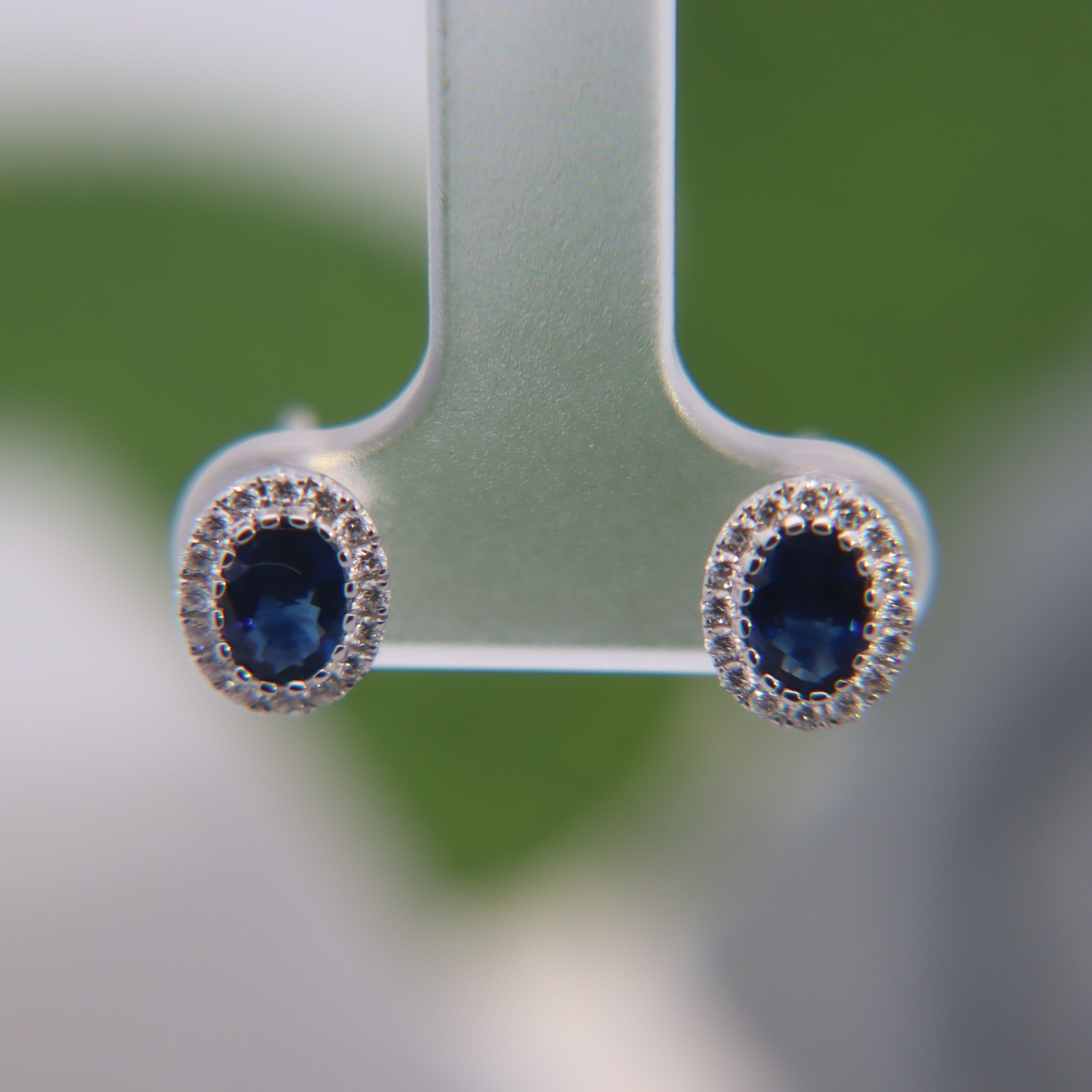 14K White Gold 1-1/4CT. Oval-Cut Sapphire and 1/5CT. VS Diamond Halo Stud Earrings