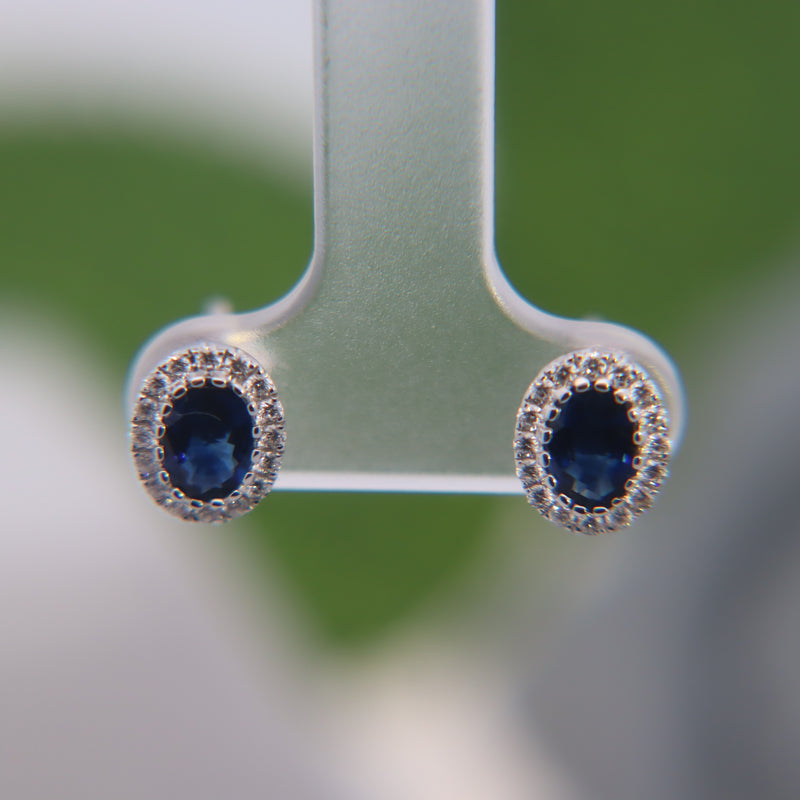 14K White Gold 1-1/4CT. Oval-Cut Sapphire & 1/5CT. VS Diamond Halo Stud Earrings