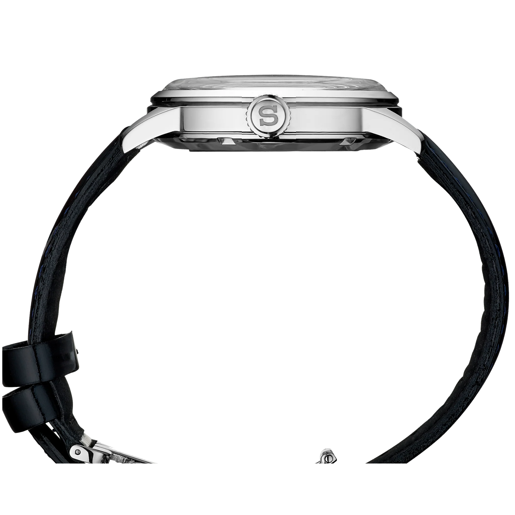 Watch with black strap and silver case on a white background