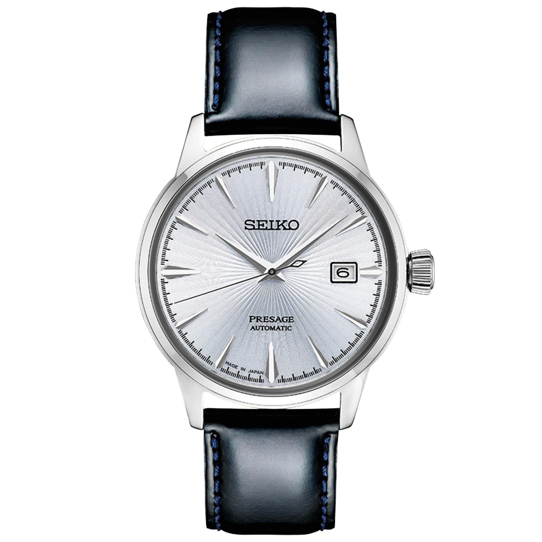 Seiko Presage watch with black leather strap on a white background