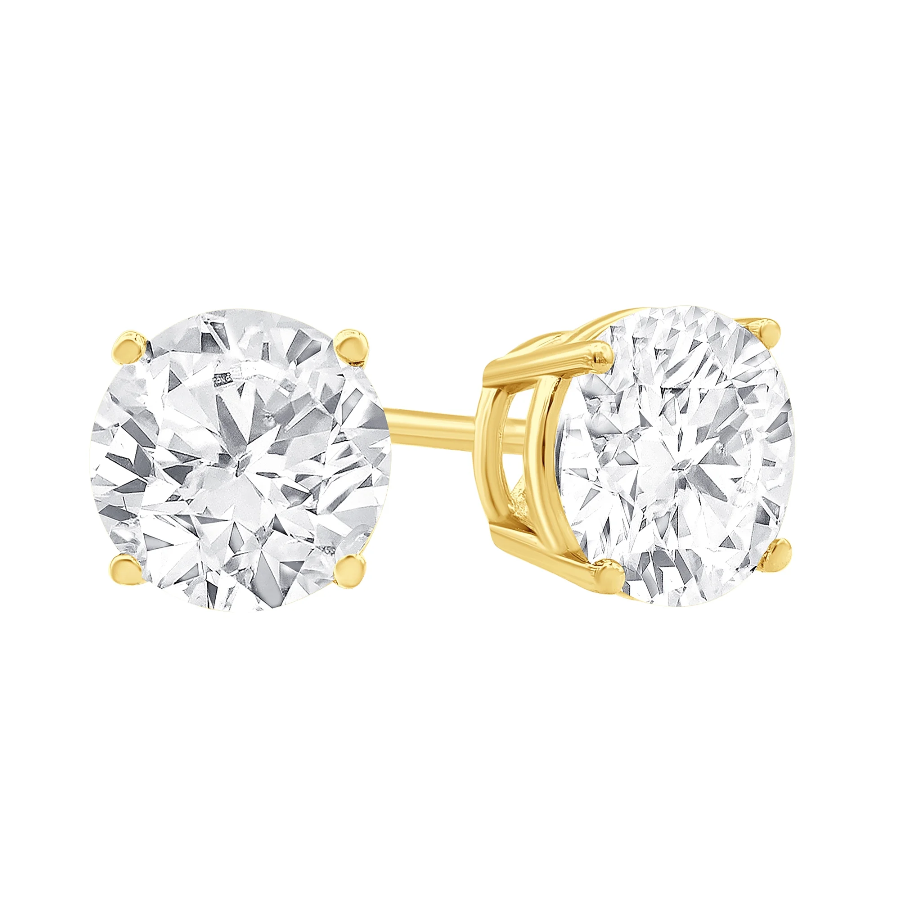 Gold stud earrings with clear gemstones on a white background