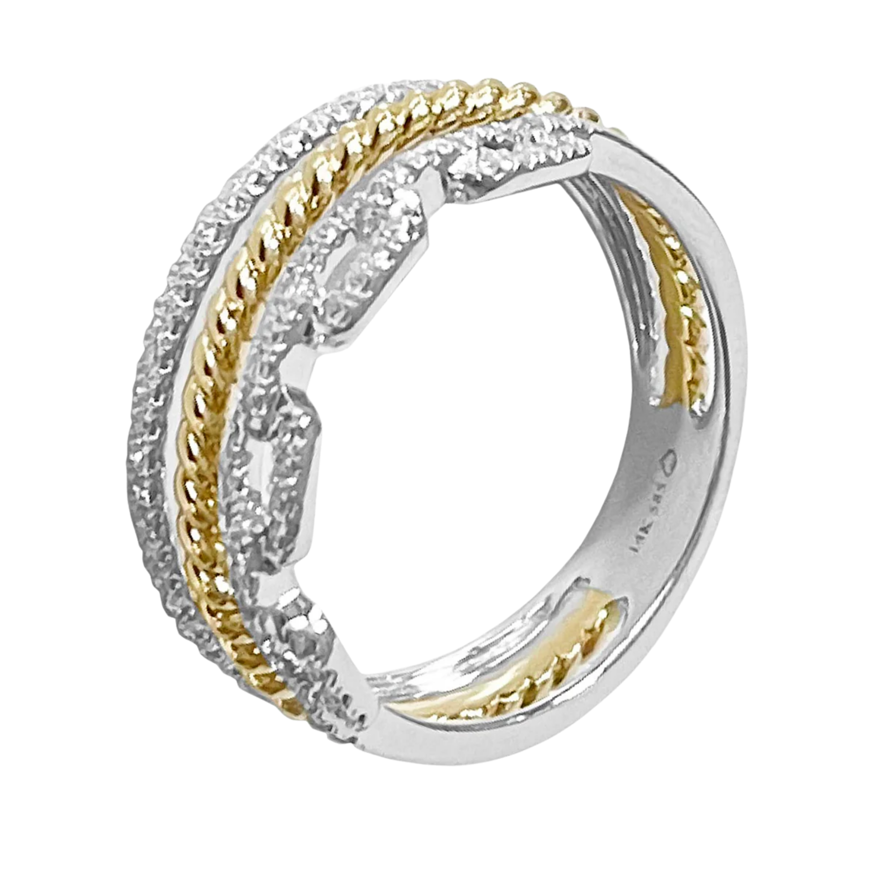 Two-tone ring with gold and silver design on a white background