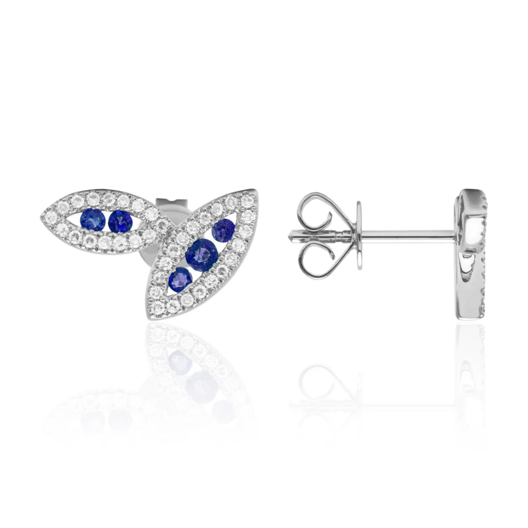 Butterfly-shaped earrings with blue gemstones on a white background