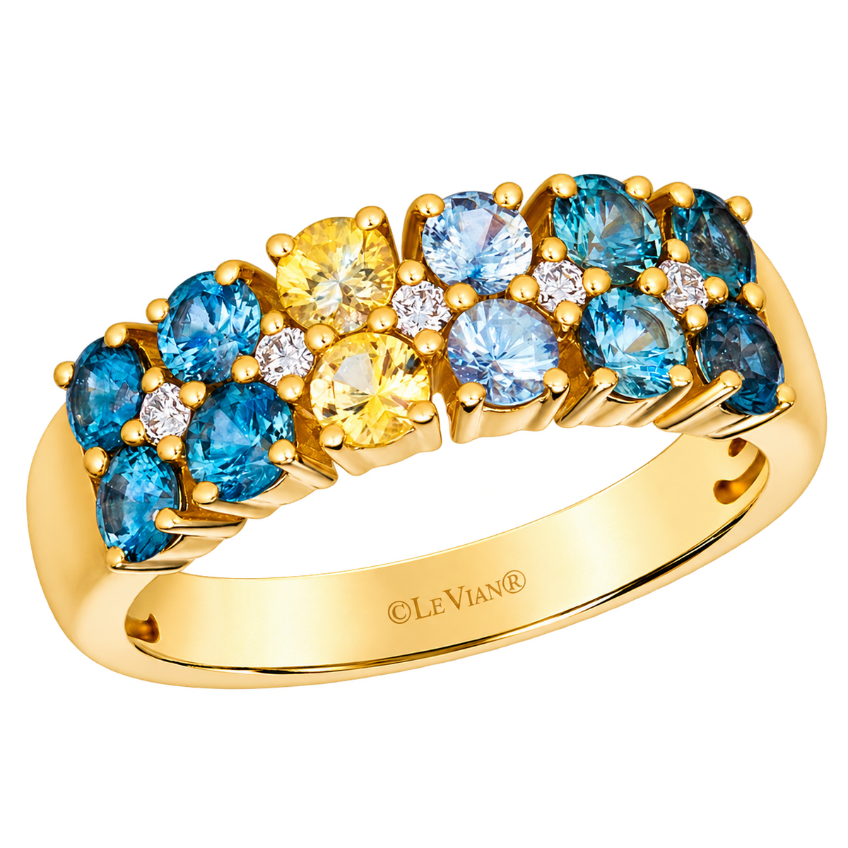 Le Vian TULJ 7 ring in 14K Honey Gold with two rows of multicolored Montana Sapphires totaling 1.38CTW. and 0.07CTW. Nude Diamond accents.