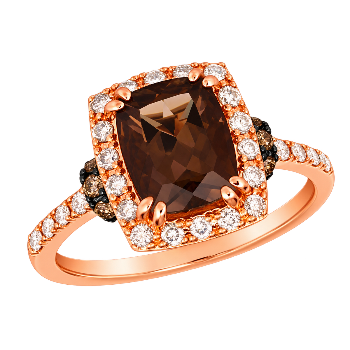 Le Vian U-BVRS 76 halo ring in 14K Strawberry Gold with 1.75 CTW Chocolate Quartz, 0.13 CTW Chocolate Diamonds and 0.33 CTW Nude Diamonds.