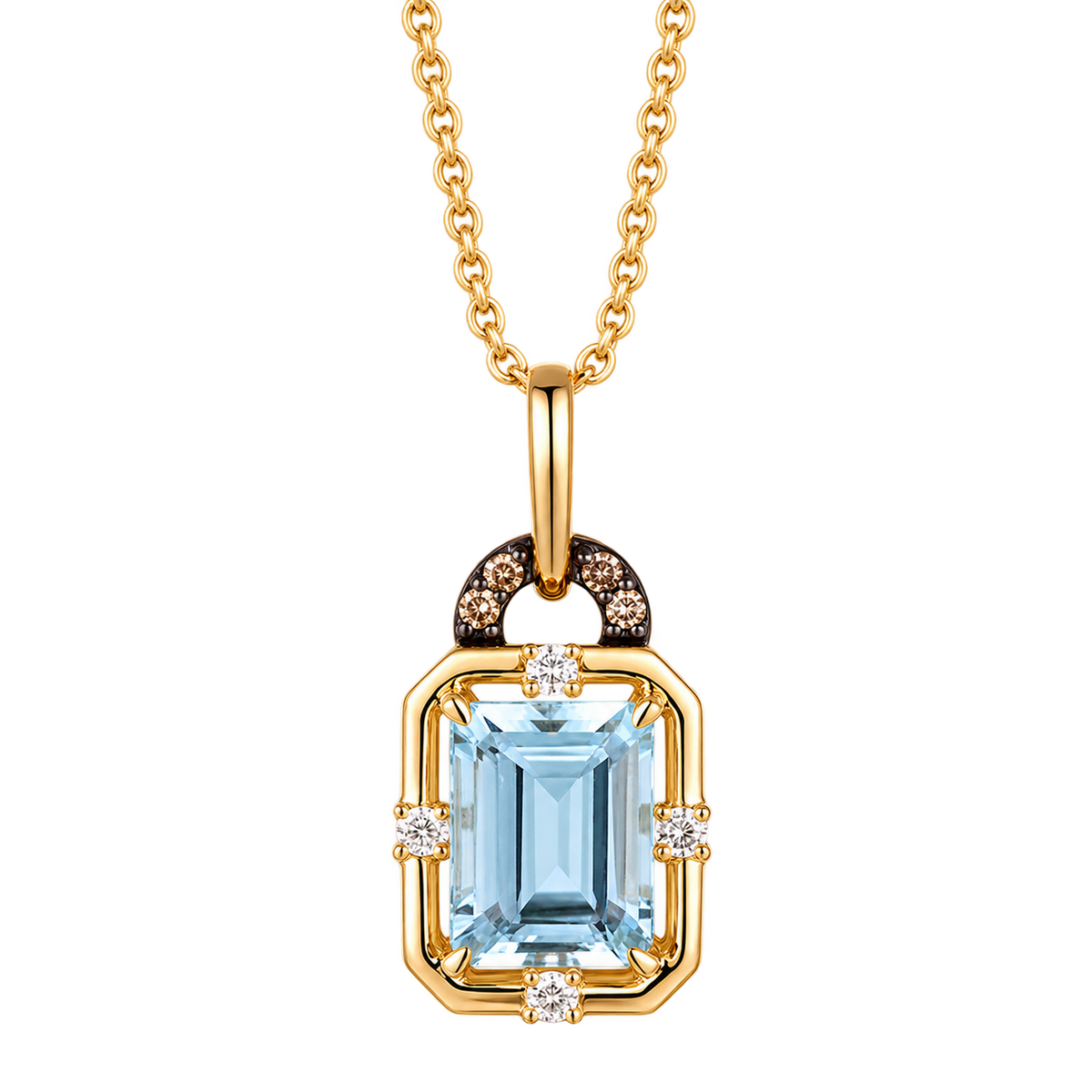 Le Vian U-TRTV 587A pendant necklace in 14K Honey Gold featuring an emerald-cut 1.25CTW. Sea Blue Aquamarine with 0.05CTW. Nude Diamonds and Chocolate Diamond accents.