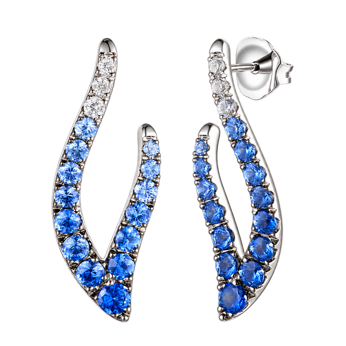 Le Vian U-TSCU 12A open teardrop earrings in 14K Vanilla Gold with 1.00CTW. Denim Ombré Sapphire and 0.13CTW. Vanilla Sapphire graduating from white to deep blue.