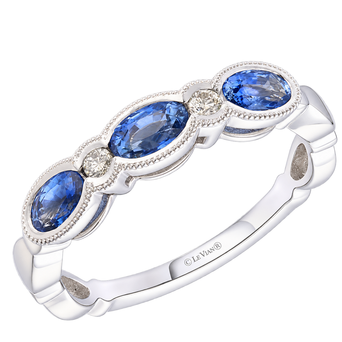 Le Vian U-TTNW 7 ring in 14K Vanilla Gold with three oval Blueberry Sapphires totaling 0.88CTW., alternating 0.05CTW. Vanilla Diamond accents, and milgrain borders.