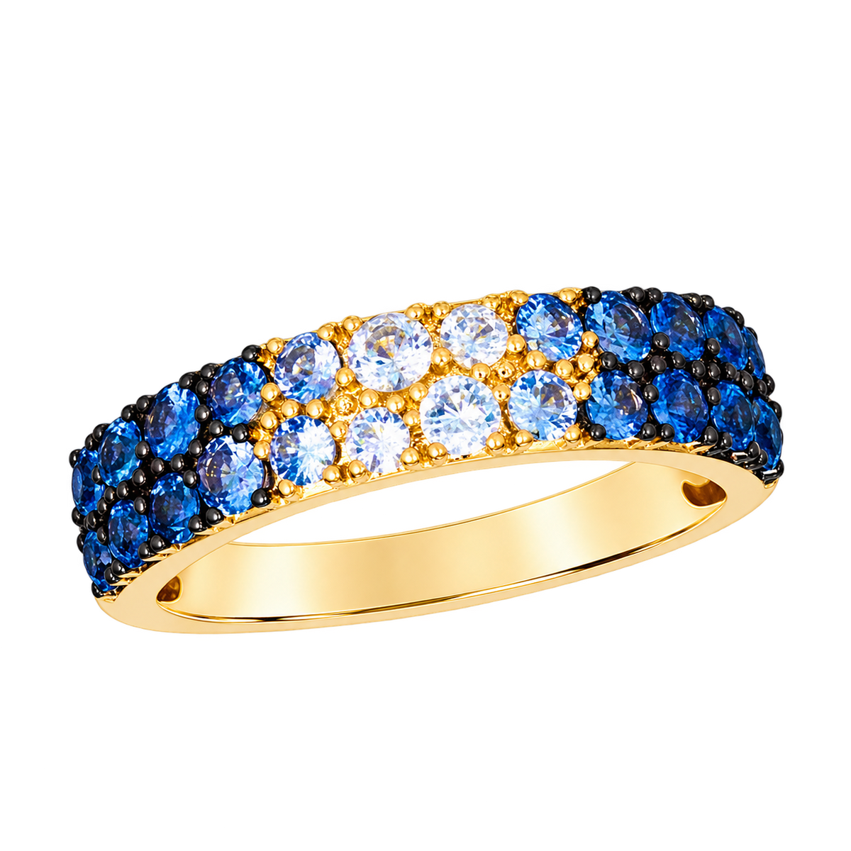 Le Vian U-TULS 17 ring in 14K Honey Gold with two rows of round sapphires, featuring 0.88CTW. Denim Ombré Sapphire and 0.25CTW. Vanilla Sapphire.