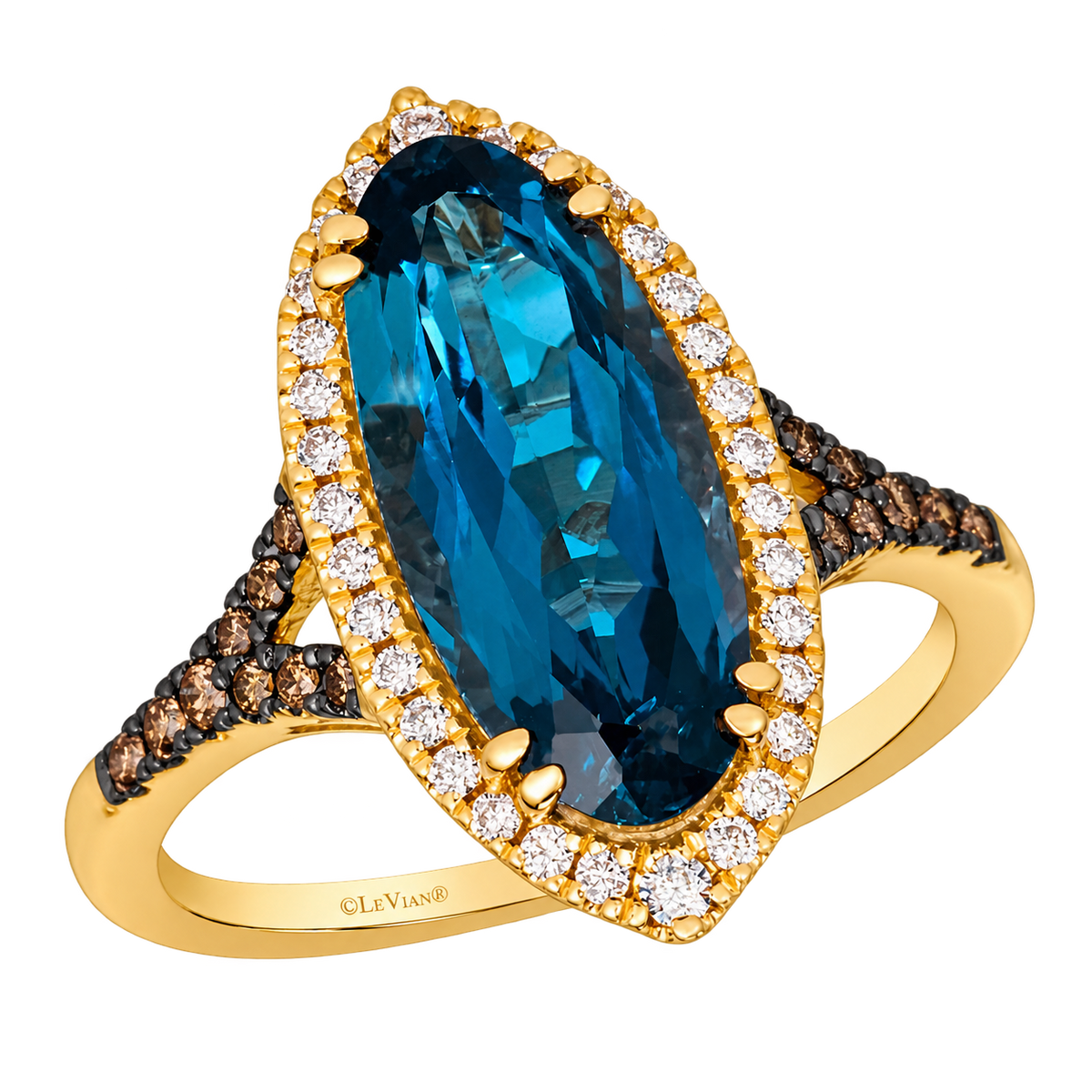 Le Vian U-TULW 3 ring in 14K Honey Gold with a 3.75CTW. elongated oval Deep Sea Blue Topaz, 0.20CTW. Nude Diamond halo, and 0.17CTW. Chocolate Diamond split shoulders.