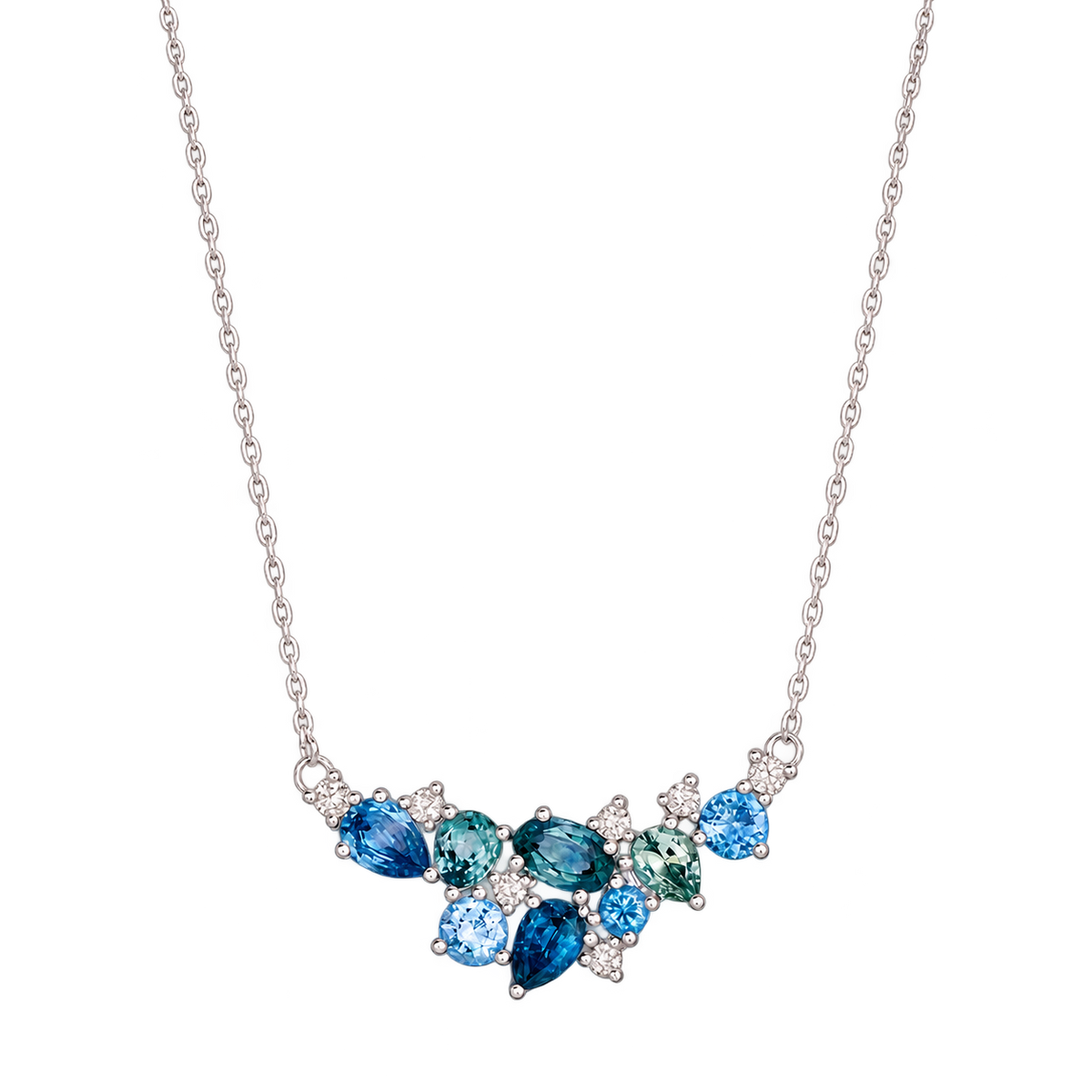 Le Vian U-WKLZ 9W pendant necklace in 14K Vanilla Gold, featuring a mixed-shape cluster of 2.51CTW. blue and green Montana Sapphires and 0.25CTW. Nude Diamonds on a 20-inch chain.