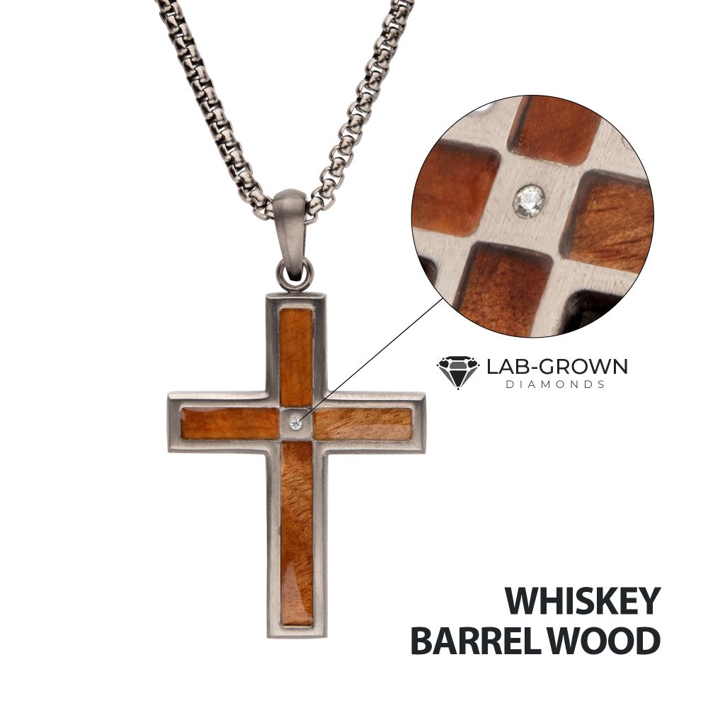 INOX Gun Metal IP Steel Matte Finish Whiskey Barrel Wood Inlay with Lab-Grown Diamond Cross Pendant