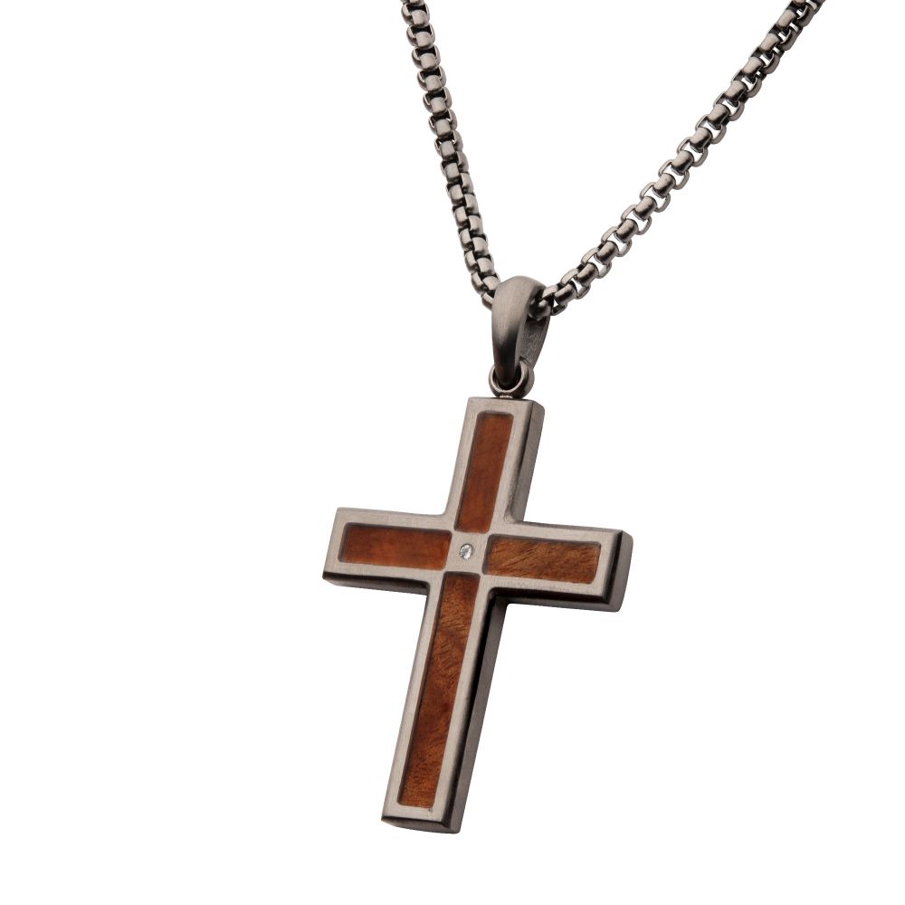 INOX Gun Metal IP Steel Matte Finish Whiskey Barrel Wood Inlay with Lab-Grown Diamond Cross Pendant