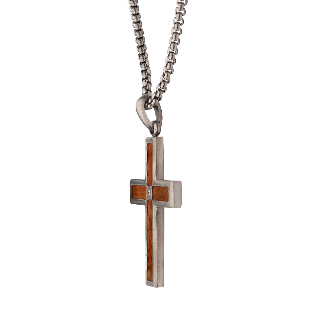 INOX Gun Metal IP Steel Matte Finish Whiskey Barrel Wood Inlay with Lab-Grown Diamond Cross Pendant