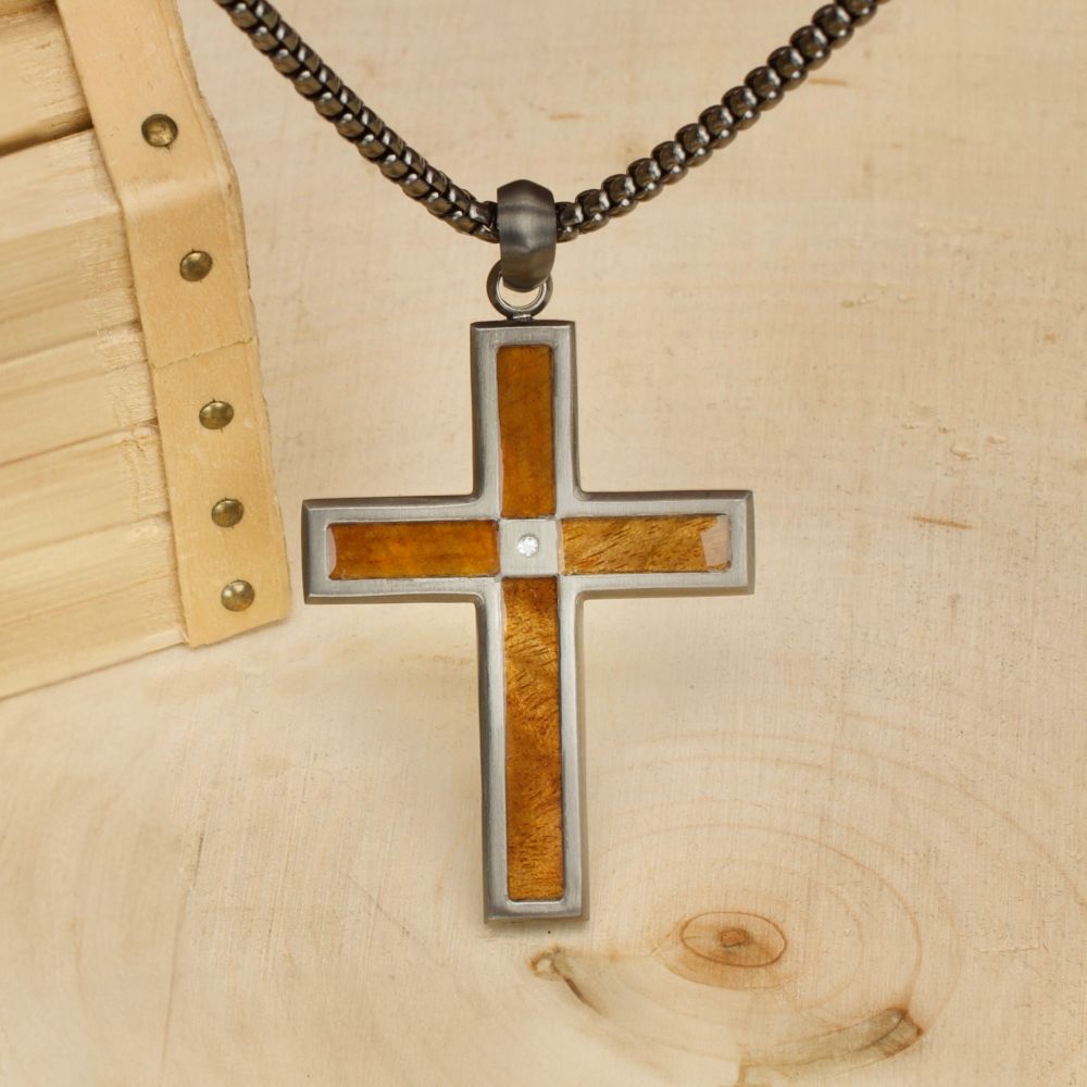 INOX Gun Metal IP Steel Matte Finish Whiskey Barrel Wood Inlay with Lab-Grown Diamond Cross Pendant