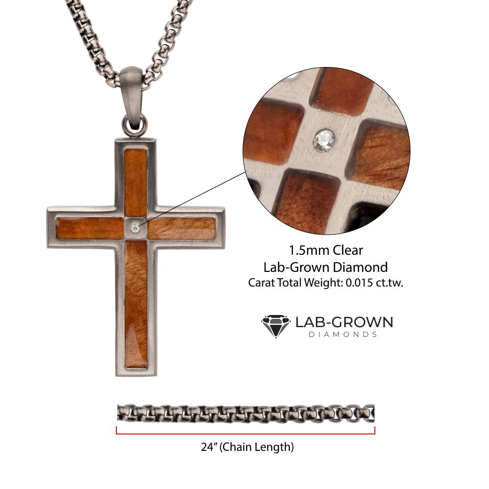 INOX Gun Metal IP Steel Matte Finish Whiskey Barrel Wood Inlay with Lab-Grown Diamond Cross Pendant