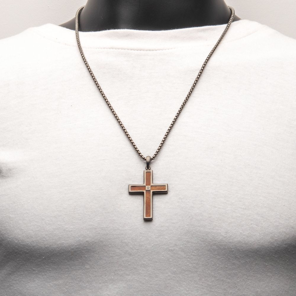 INOX Gun Metal IP Steel Matte Finish Whiskey Barrel Wood Inlay with Lab-Grown Diamond Cross Pendant