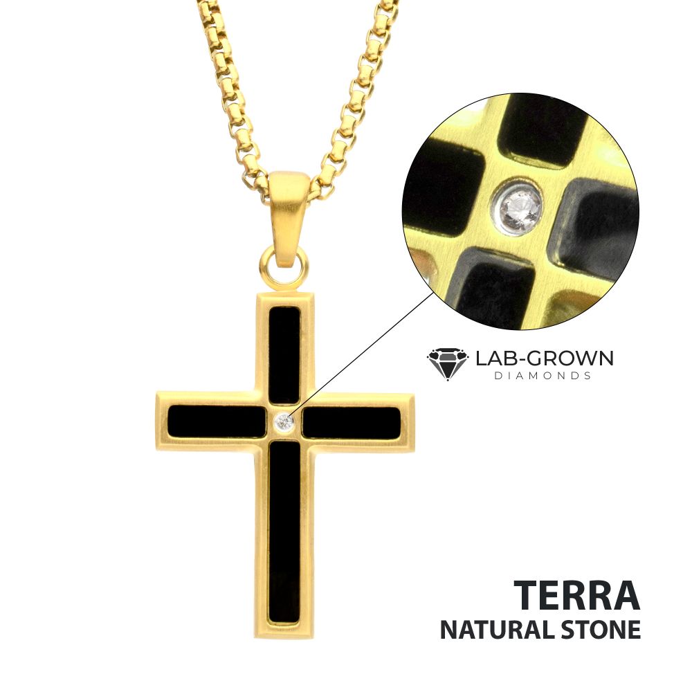 INOX IP-Gold-Plated Matte Finish Black Onyx Stone Inlay with Lab-Grown Diamond Cross Drop Pendant 22" Necklace