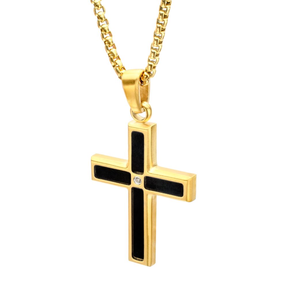 INOX IP-Gold-Plated Matte Finish Black Onyx Stone Inlay with Lab-Grown Diamond Cross Drop Pendant 22" Necklace