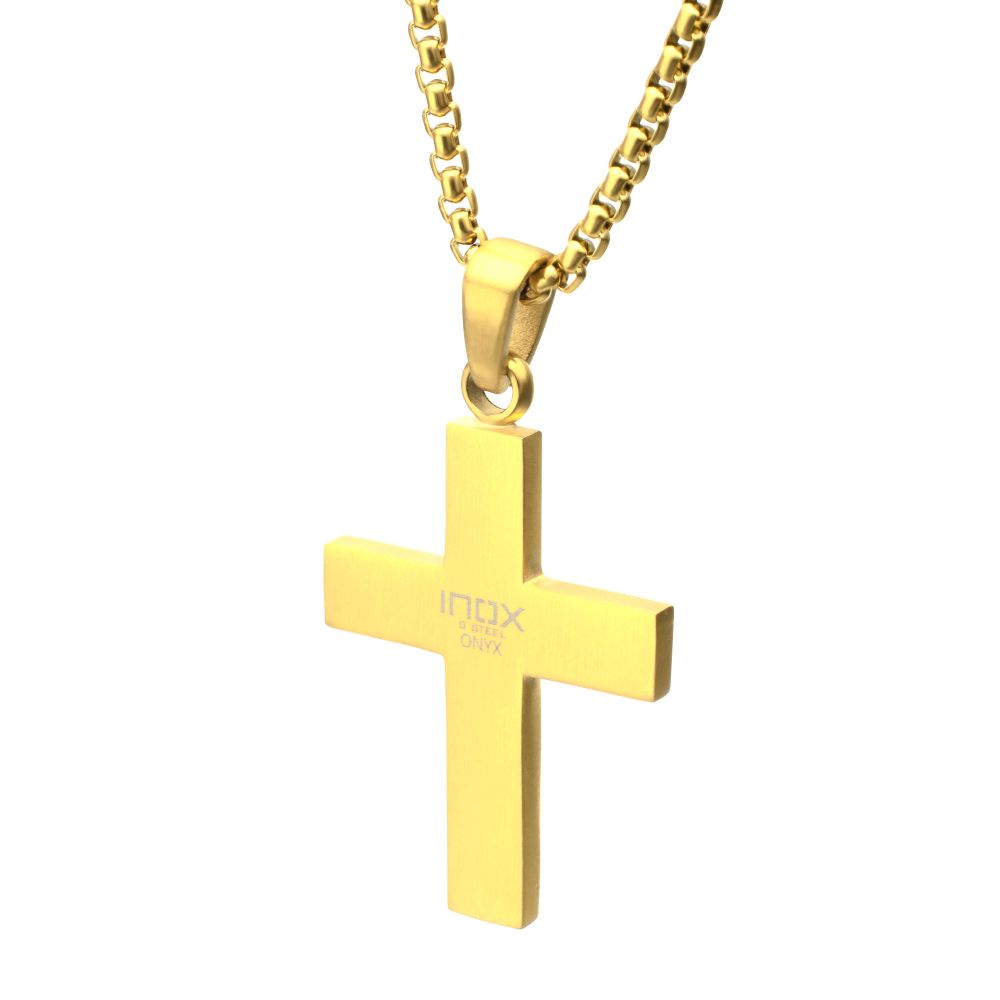 INOX IP-Gold-Plated Matte Finish Black Onyx Stone Inlay with Lab-Grown Diamond Cross Drop Pendant 22" Necklace