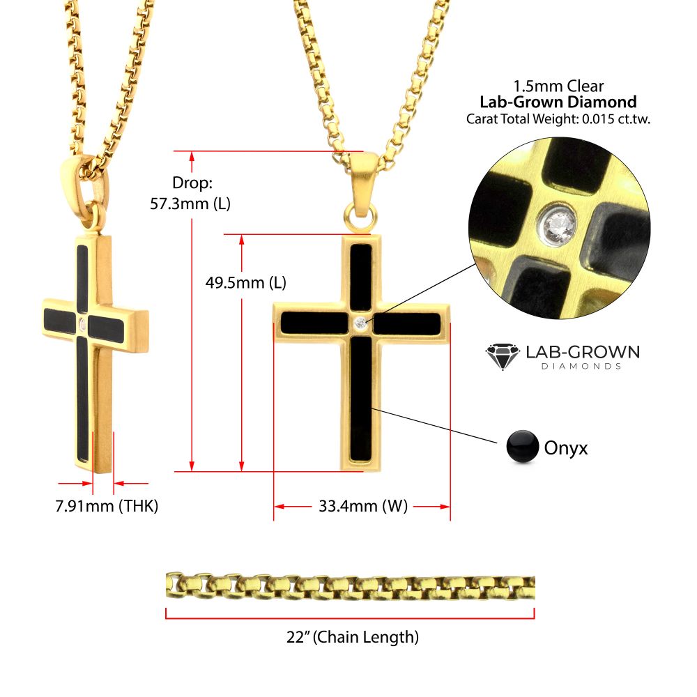 INOX IP-Gold-Plated Matte Finish Black Onyx Stone Inlay with Lab-Grown Diamond Cross Drop Pendant 22" Necklace
