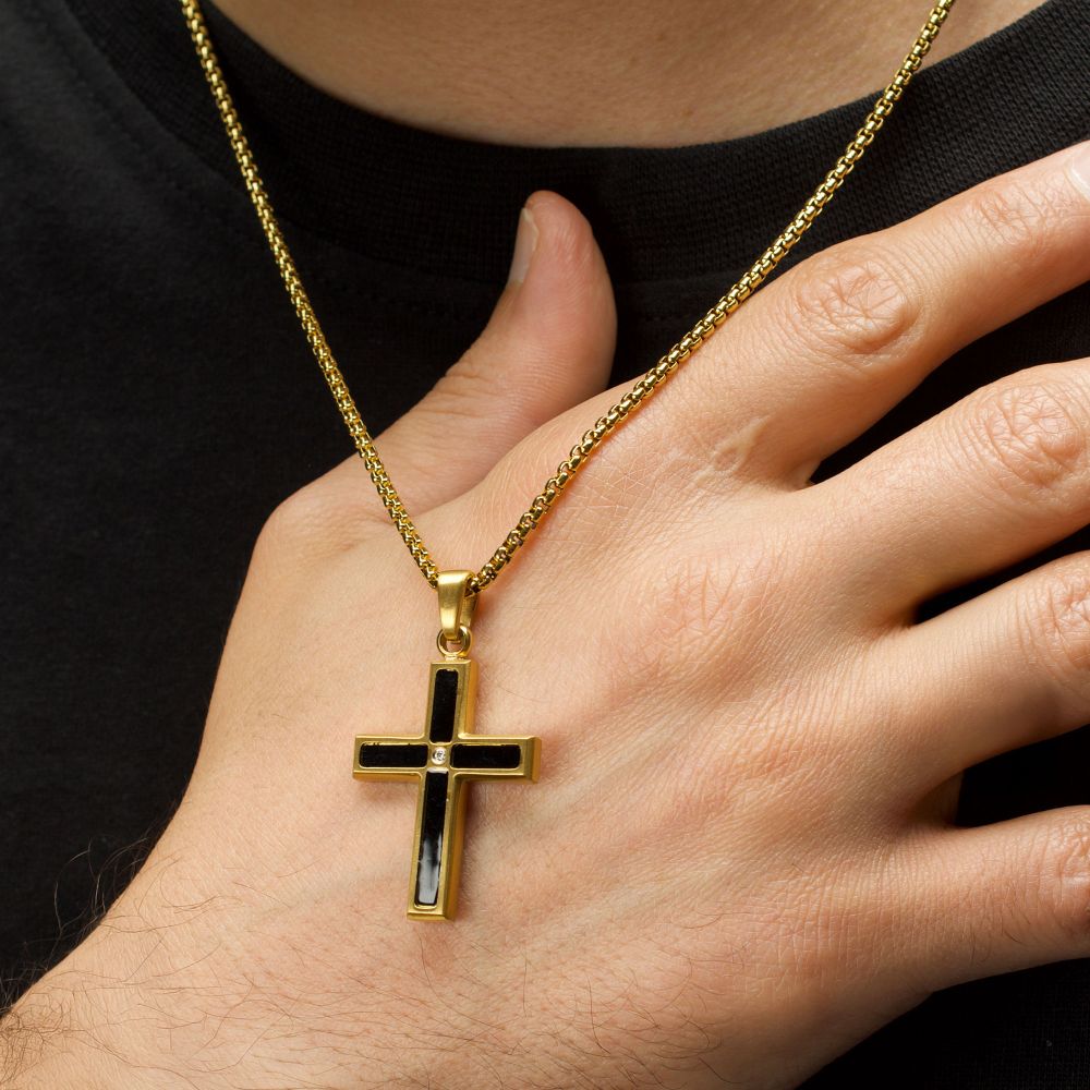 INOX IP-Gold-Plated Matte Finish Black Onyx Stone Inlay with Lab-Grown Diamond Cross Drop Pendant 22" Necklace