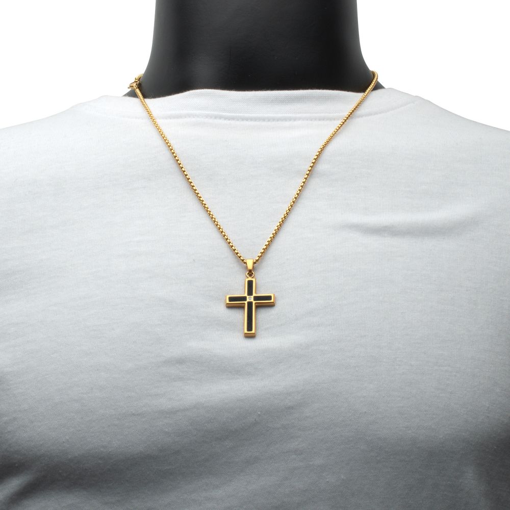 INOX IP-Gold-Plated Matte Finish Black Onyx Stone Inlay with Lab-Grown Diamond Cross Drop Pendant 22" Necklace