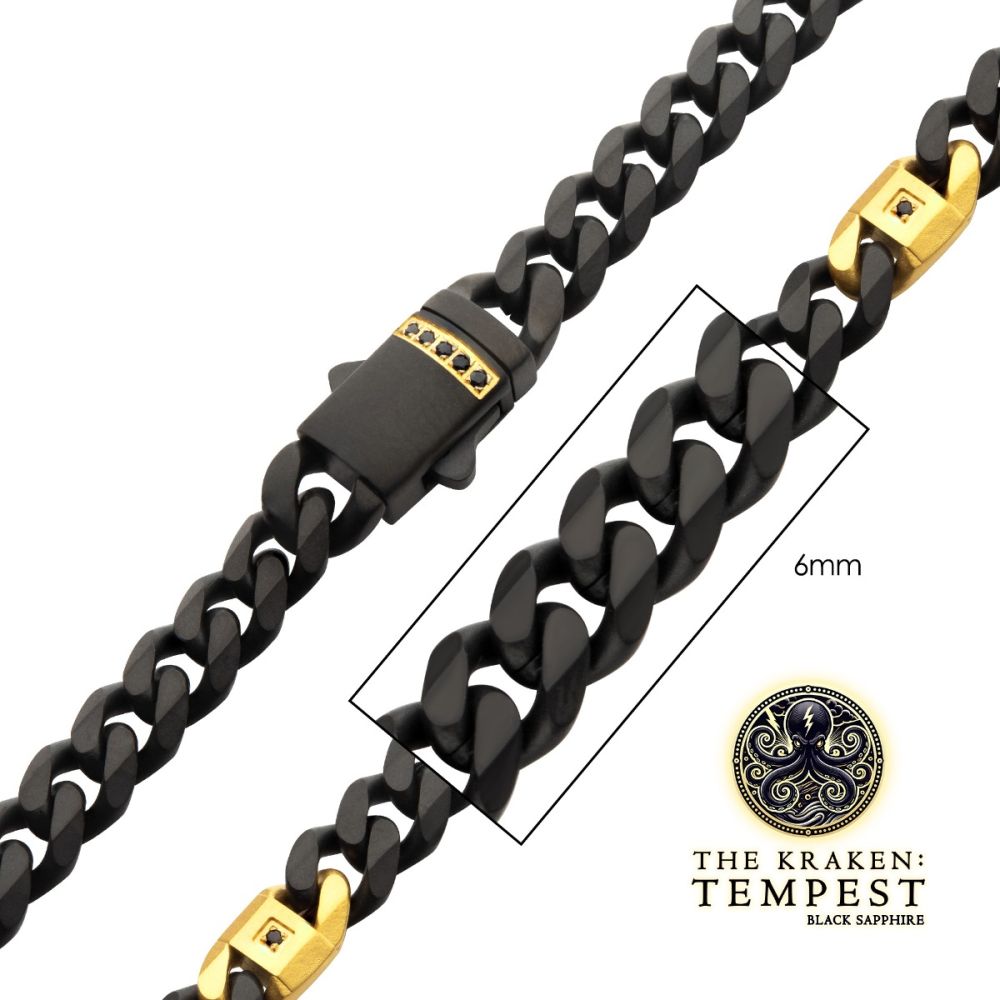 INOX 6mm Black IP Steel Matte Finish Miami Cuban Chain Necklace with Genuine Black Sapphire Gem