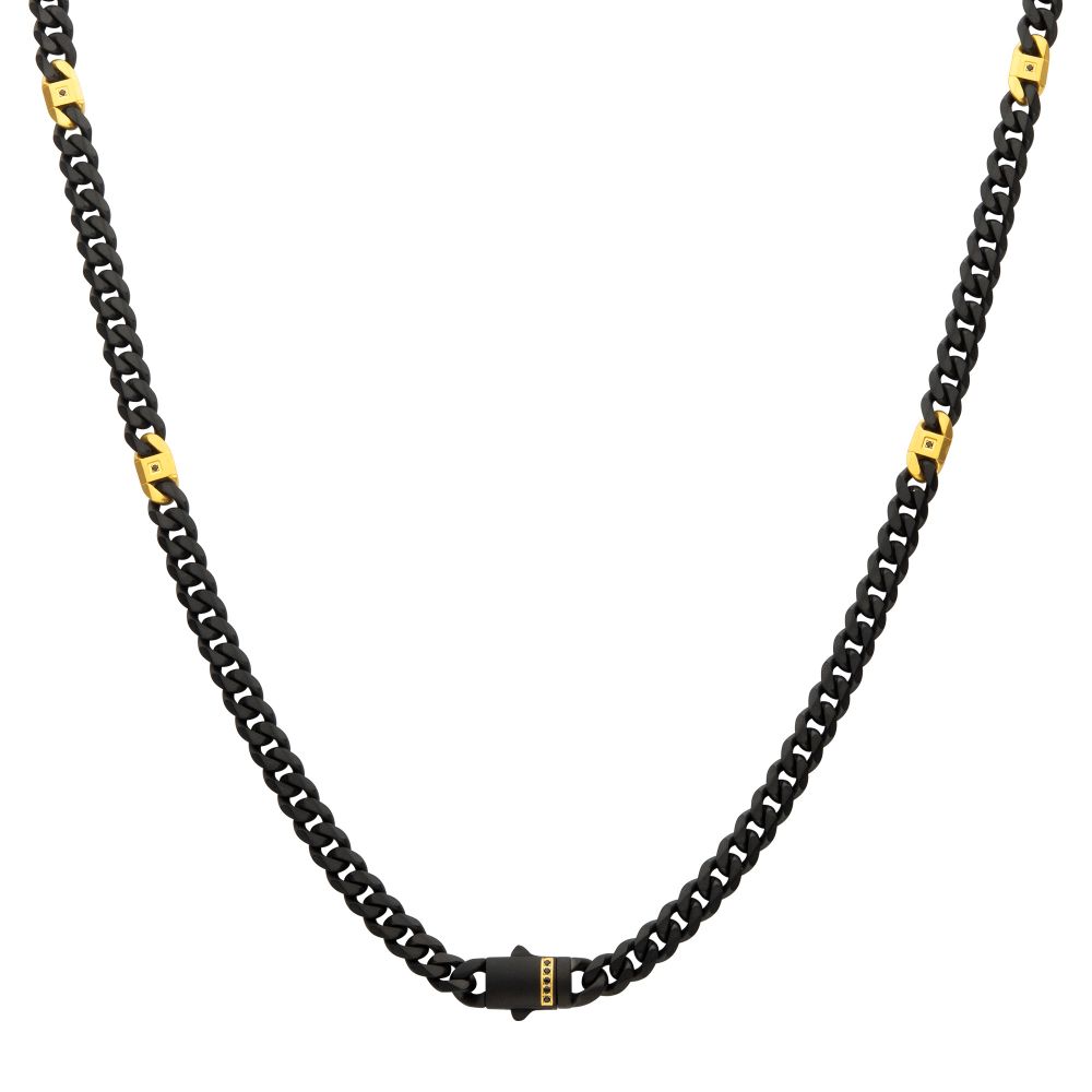 INOX 6mm Black IP Steel Matte Finish Miami Cuban Chain Necklace with Genuine Black Sapphire Gem