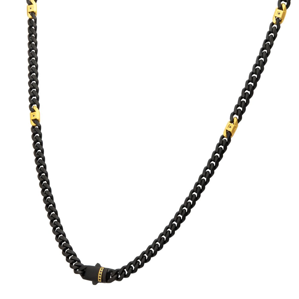 INOX 6mm Black IP Steel Matte Finish Miami Cuban Chain Necklace with Genuine Black Sapphire Gem