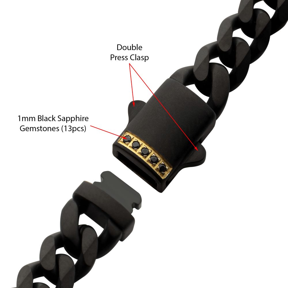 INOX 6mm Black IP Steel Matte Finish Miami Cuban Chain Necklace with Genuine Black Sapphire Gem