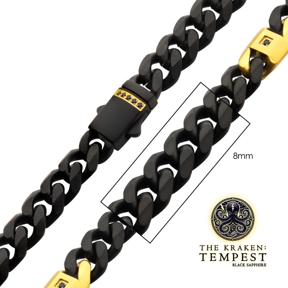 INOX 8mm Black IP Steel Matte Finish Miami Cuban Chain Necklace with Genuine Black Sapphire Gem