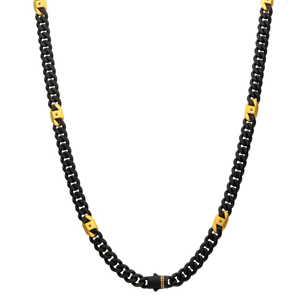 INOX 8mm Black IP Steel Matte Finish Miami Cuban Chain Necklace with Genuine Black Sapphire Gem