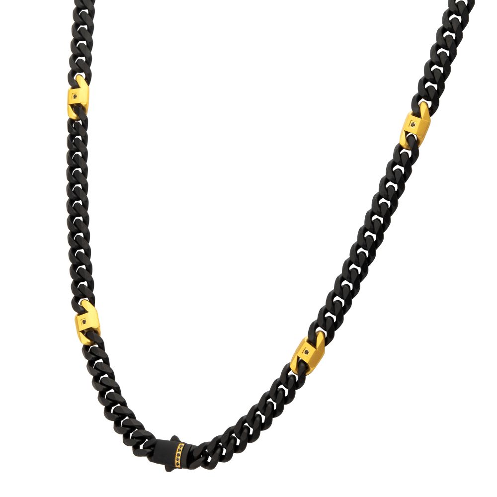 INOX 8mm Black IP Steel Matte Finish Miami Cuban Chain Necklace with Genuine Black Sapphire Gem