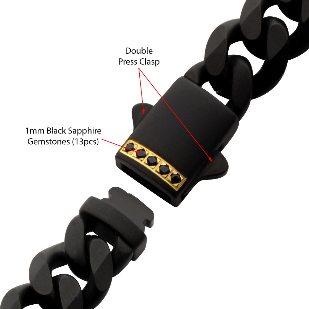 INOX 8mm Black IP Steel Matte Finish Miami Cuban Chain Necklace with Genuine Black Sapphire Gem