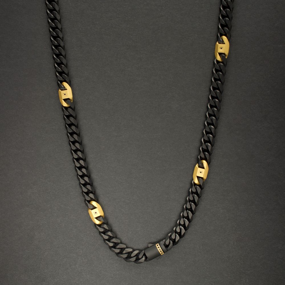 INOX 8mm Black IP Steel Matte Finish Miami Cuban Chain Necklace with Genuine Black Sapphire Gem