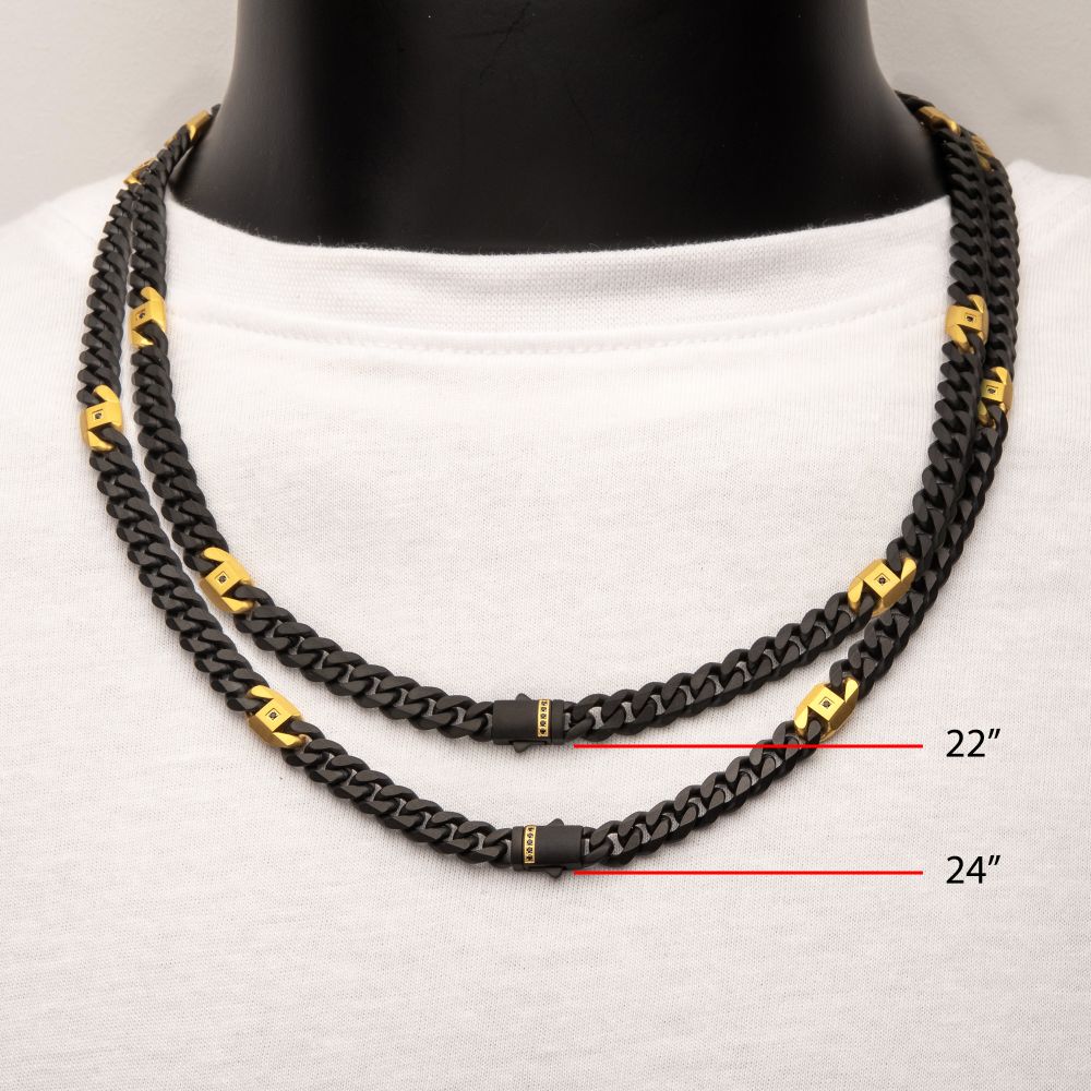 INOX 8mm Black IP Steel Matte Finish Miami Cuban Chain Necklace with Genuine Black Sapphire Gem