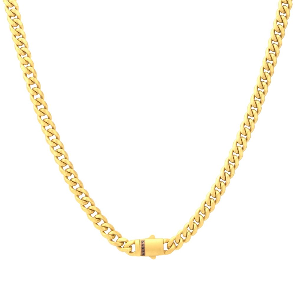 INOX 6mm 18Kt Gold IP Steel Matte Finish Miami Cuban Chain Necklace Genuine Black Sapphire