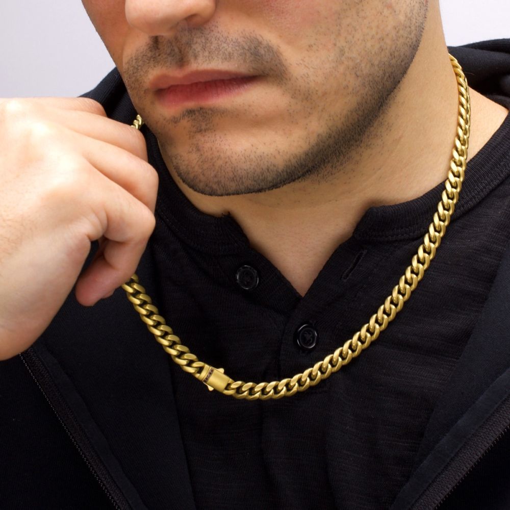 INOX 6mm 18Kt Gold IP Steel Matte Finish Miami Cuban Chain Necklace Genuine Black Sapphire