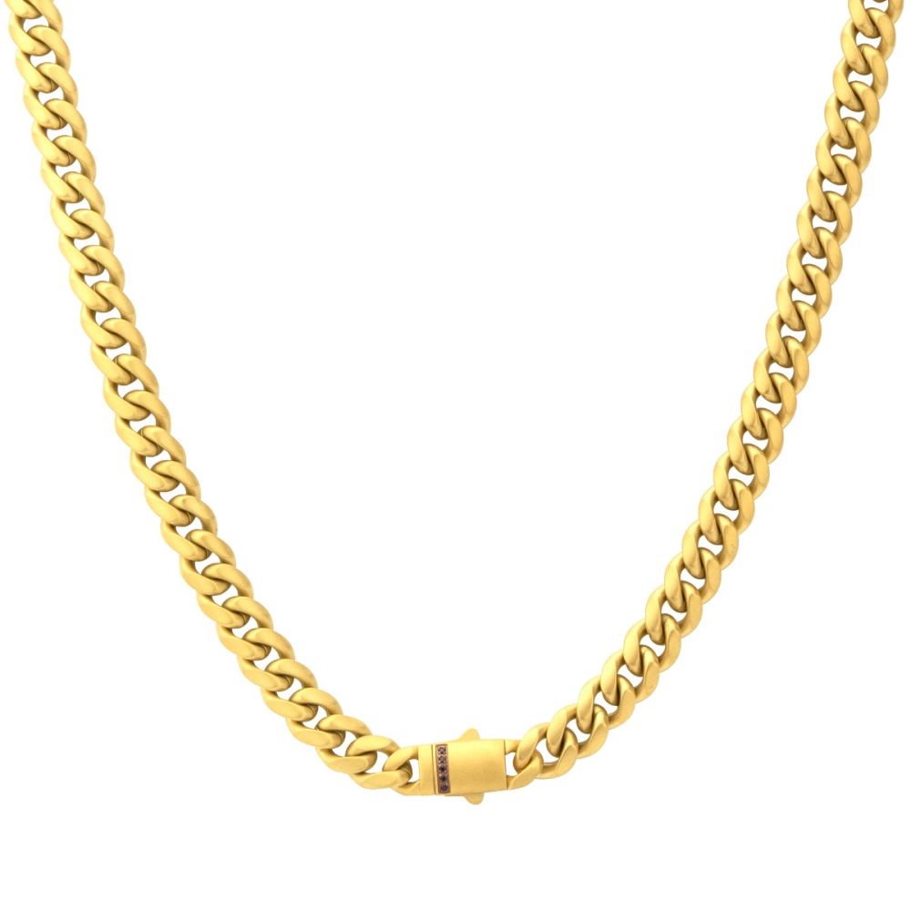 INOX 8mm 18Kt Gold IP Steel Matte Finish Miami Cuban Chain Necklace Genuine Black Sapphire