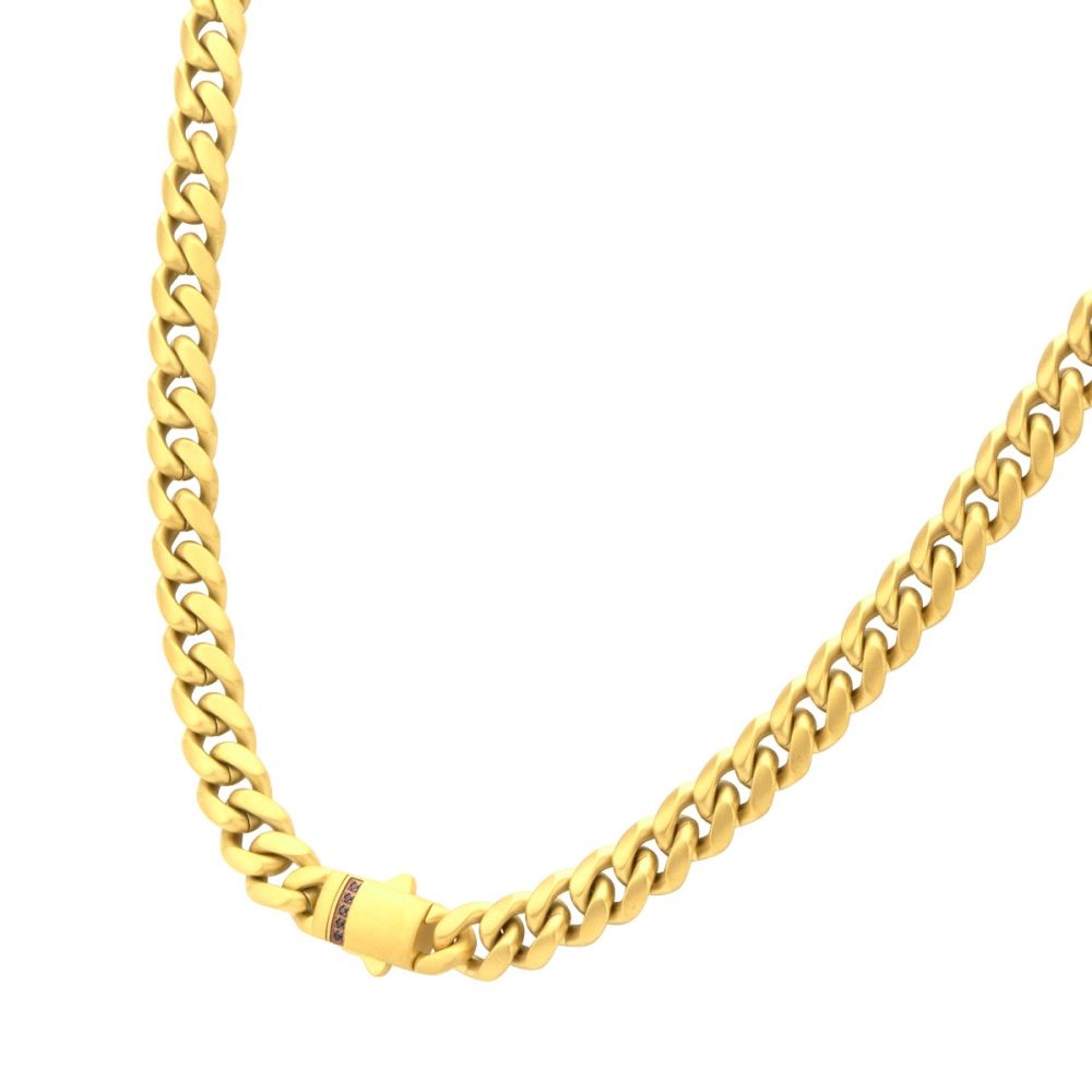 INOX 8mm 18Kt Gold IP Steel Matte Finish Miami Cuban Chain Necklace Genuine Black Sapphire