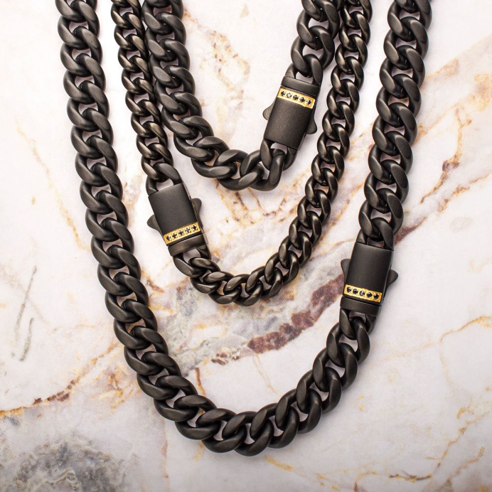 INOX 6mm Black IP Steel Matte Finish Miami Cuban Chain Necklace with Genuine Black Sapphire Gem