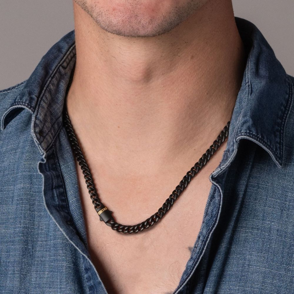 INOX 6mm Black IP Steel Matte Finish Miami Cuban Chain Necklace with Genuine Black Sapphire Gem