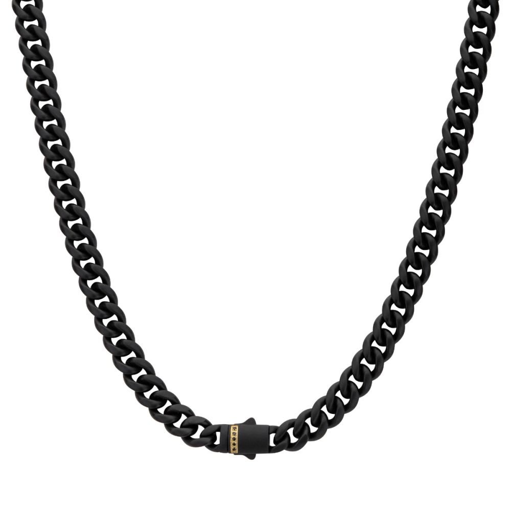 INOX 6mm Black IP Steel Matte Finish Miami Cuban Chain Necklace with Genuine Black Sapphire Gem