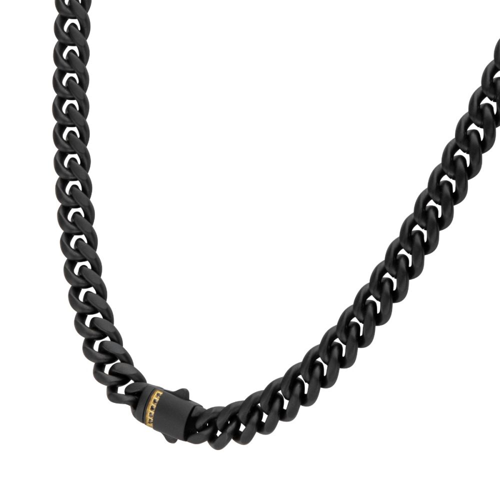 INOX 6mm Black IP Steel Matte Finish Miami Cuban Chain Necklace with Genuine Black Sapphire Gem