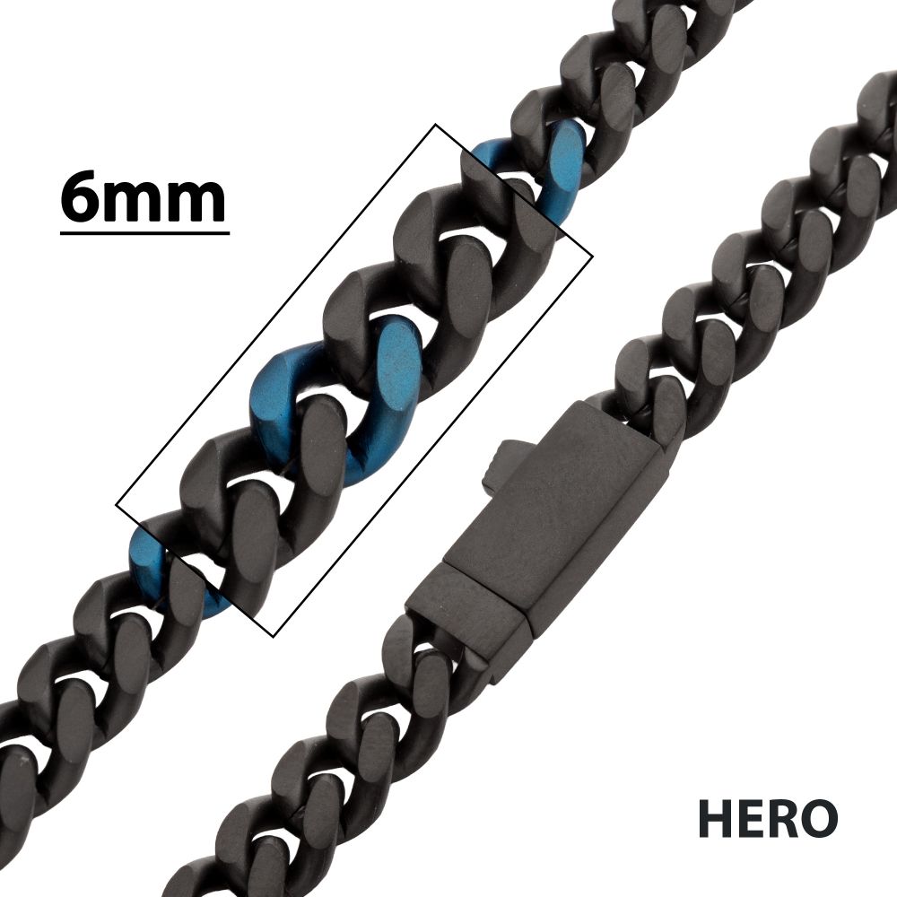 INOX Matte Black and Blue IP-Plated Steel 6MM Miami Cuban Chain 22" Necklace