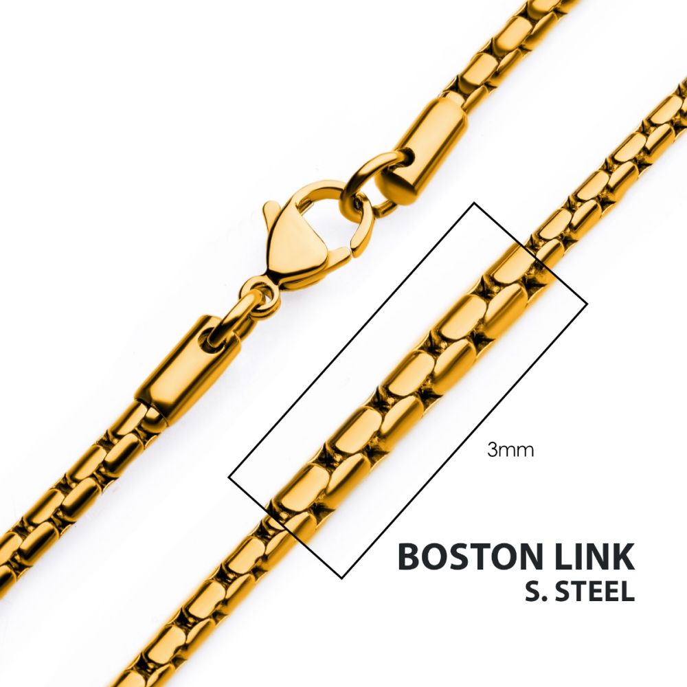 Inox 3mm Steel Boston Link Chain Necklace Gold Plated