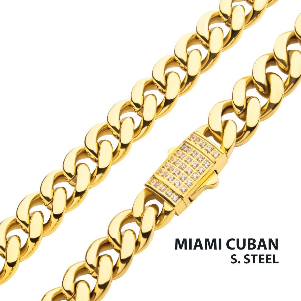 INOX 8mm 18Kt Gold IP Miami Cuban Chain Necklace with CNC Precision Set CZ Double Tab Box Clasp