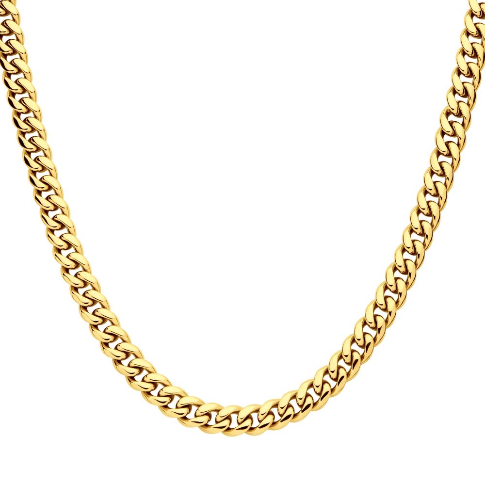 INOX 8mm 18Kt Gold IP Miami Cuban Chain Necklace with CNC Precision Set CZ Double Tab Box Clasp