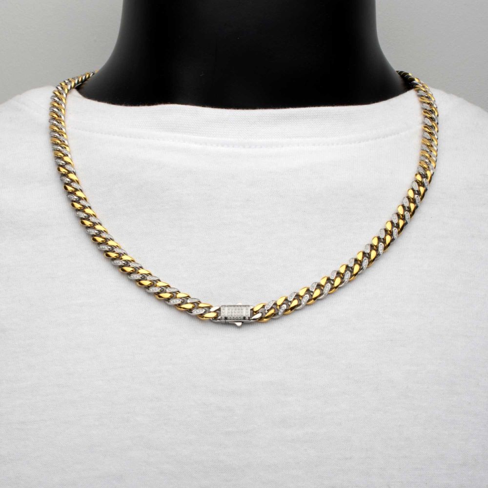 INOX Two Tone 8mm IP-Gold-Plated Steel Miami Cuban Chain CZ Necklace